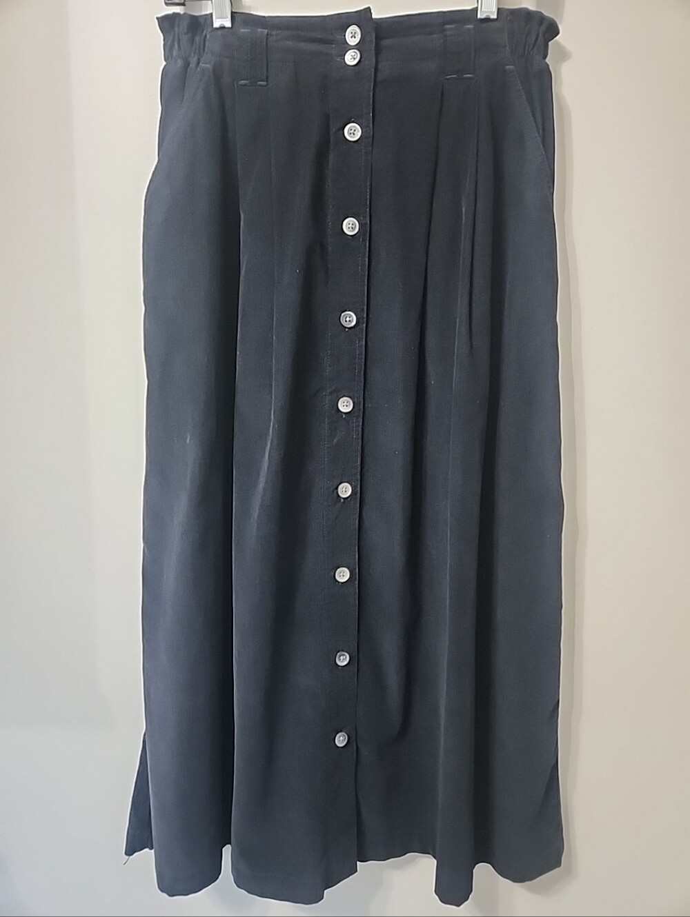 Vintage Talbots Black Corduroy Midi Skirt 100% Cotton Button Front Pockets 12